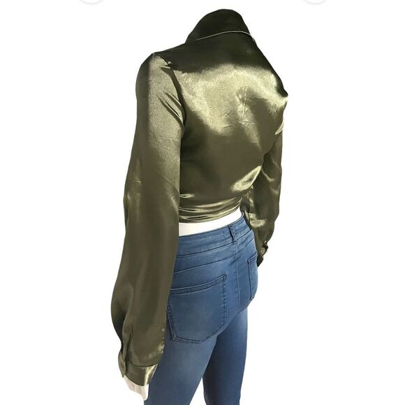 SHEIN Green Silk Like Wrap Blouse SZ S Shirt TOP Bishop Sleeves - Picture 4 of 6